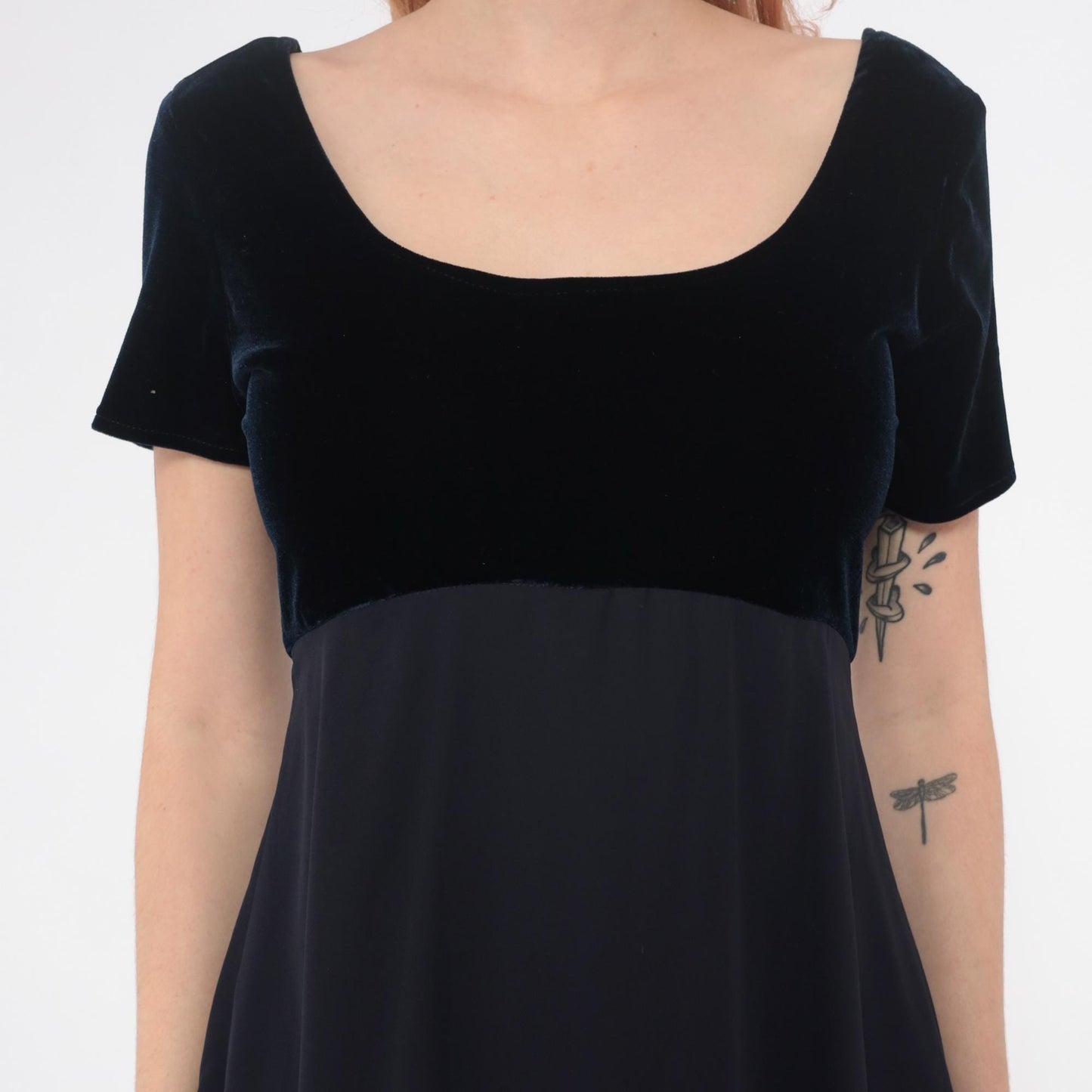 90s Dark Blue Velvet Mini Dress Empire Waist Short Sleeve Medium M