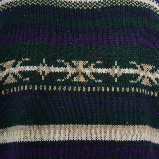 90s Fair Isle Sweater Green Purple Cream Geometric Pullover Extra Large XL