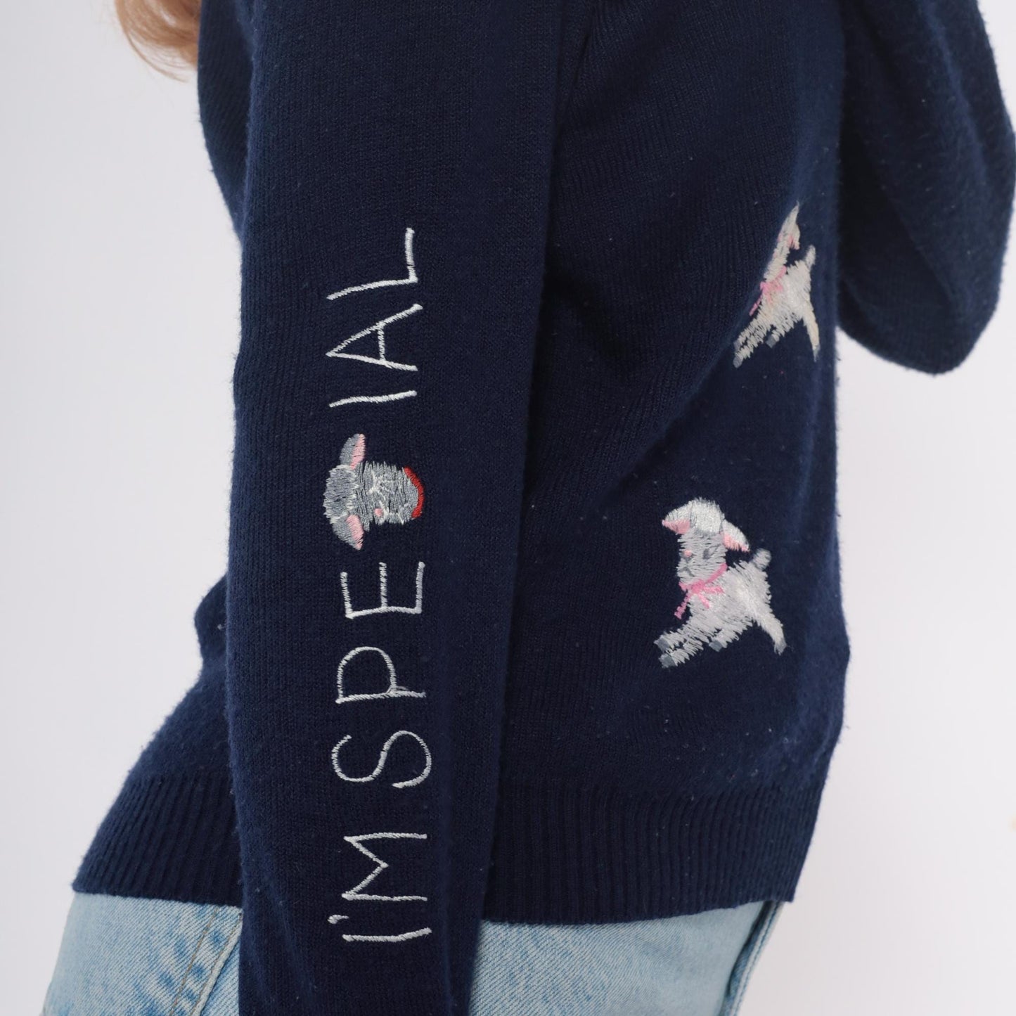 70s Shirlee Designs Navy Lamb Sweater Embroidered Pink Bows Large L