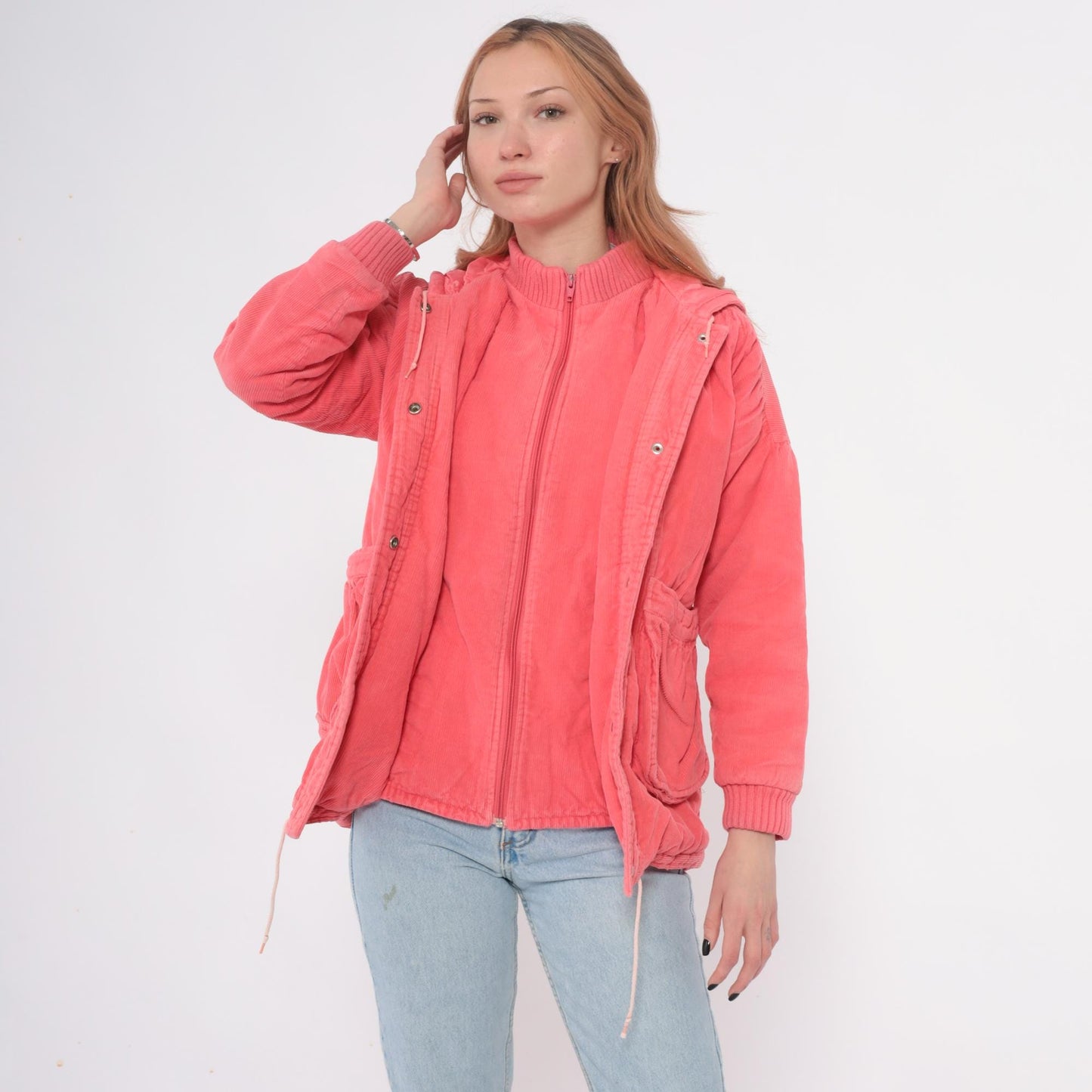 80s Coral Corduroy Hooded Puffer Jacket Zip Front Ribbed Cuffs Small S