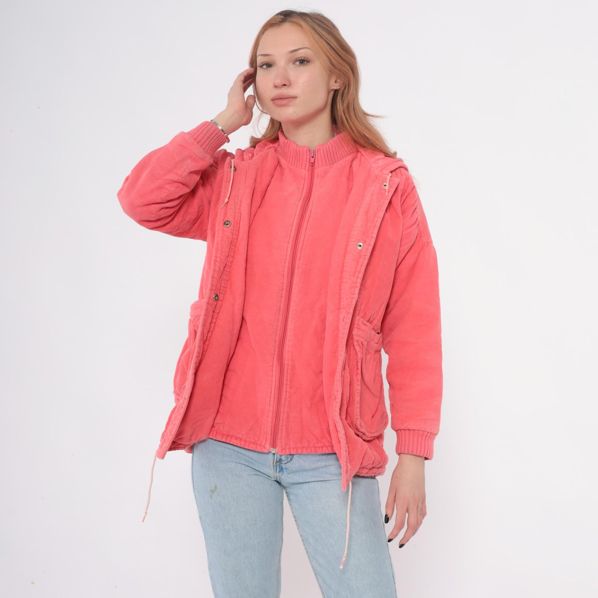 80s Coral Corduroy Hooded Puffer Jacket Zip Front Ribbed Cuffs Small S