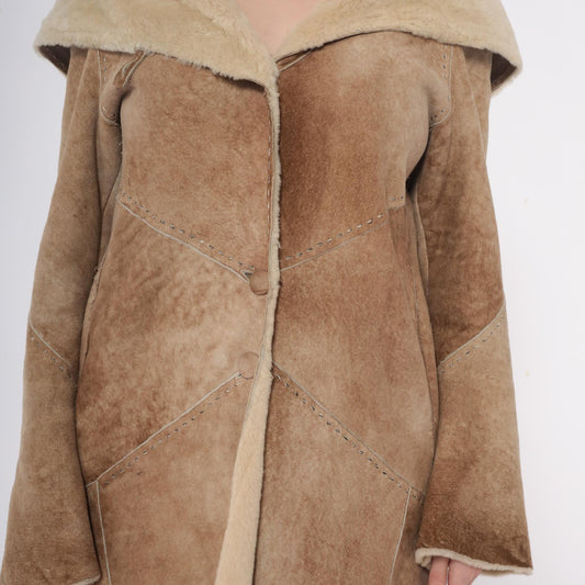 90s Denimaxx Couture Suede Hooded Coat Tan Shearling Trim Small