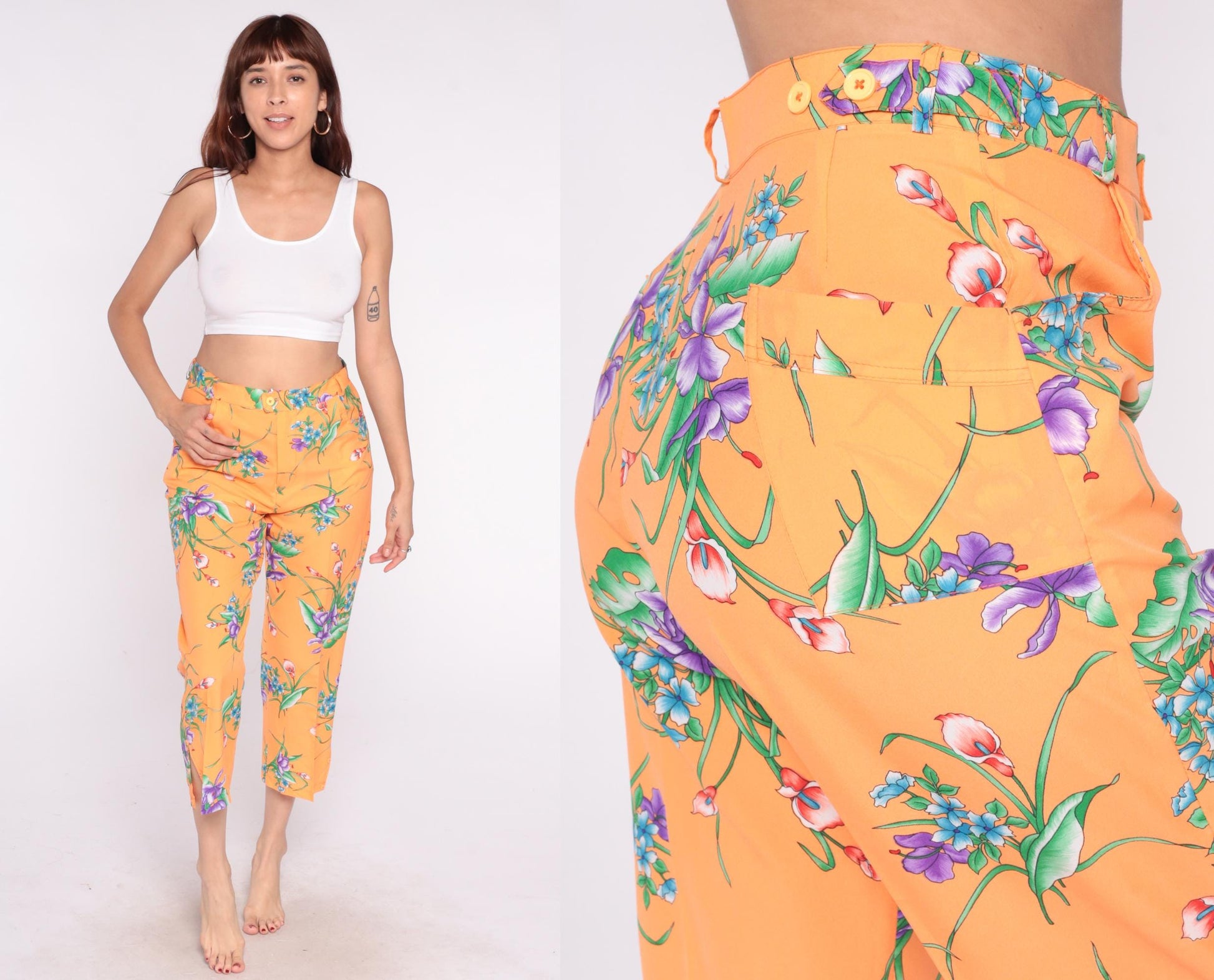 90s Orange Floral Cropped Pants High Rise Straight Leg Medium M
