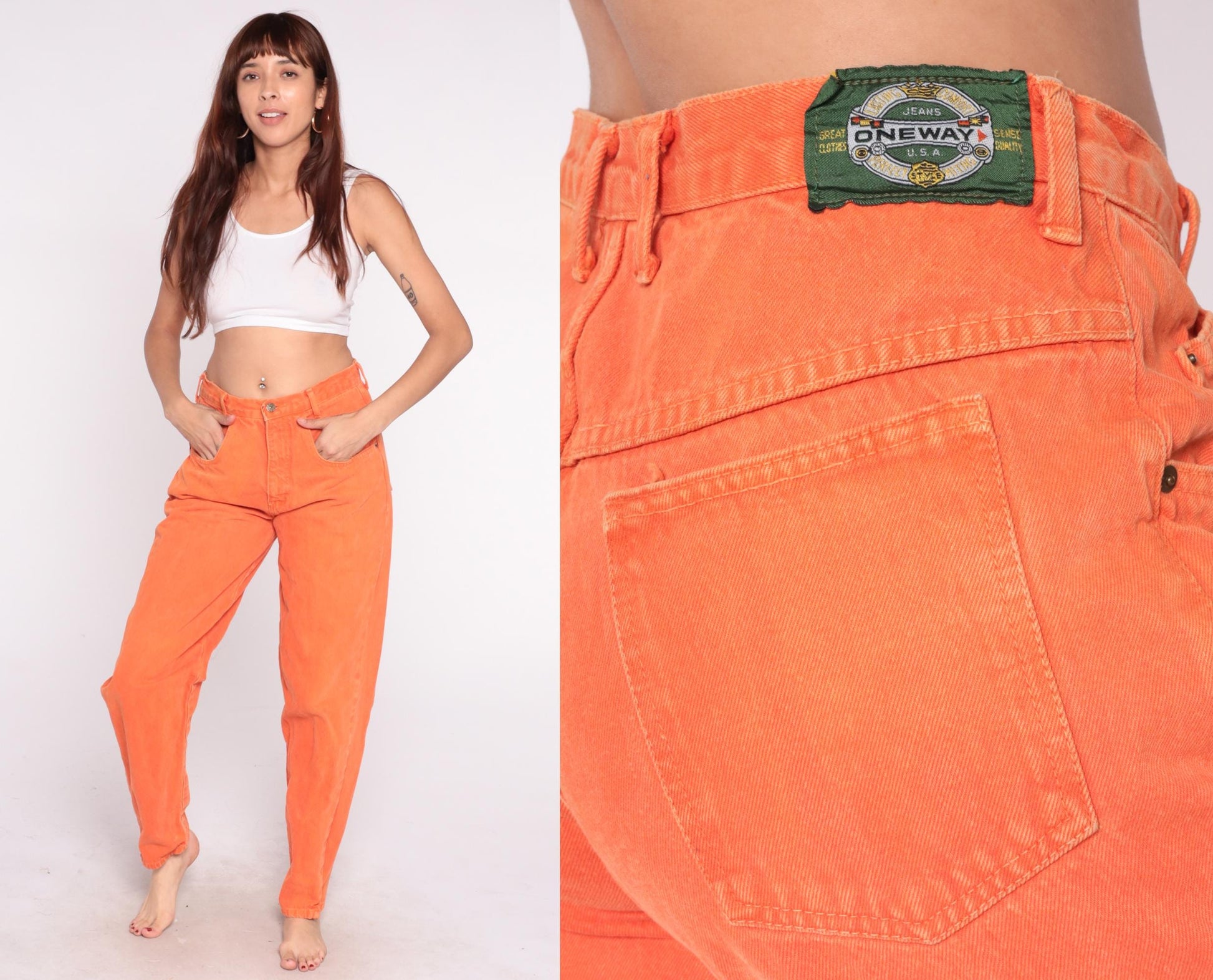 90s One Way Orange Jeans High Waist Straight Leg Cotton Large L