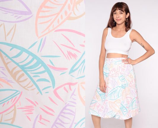 80s Salem Tropical Leaf Print A-Line Skirt White Pastel High Waist Large