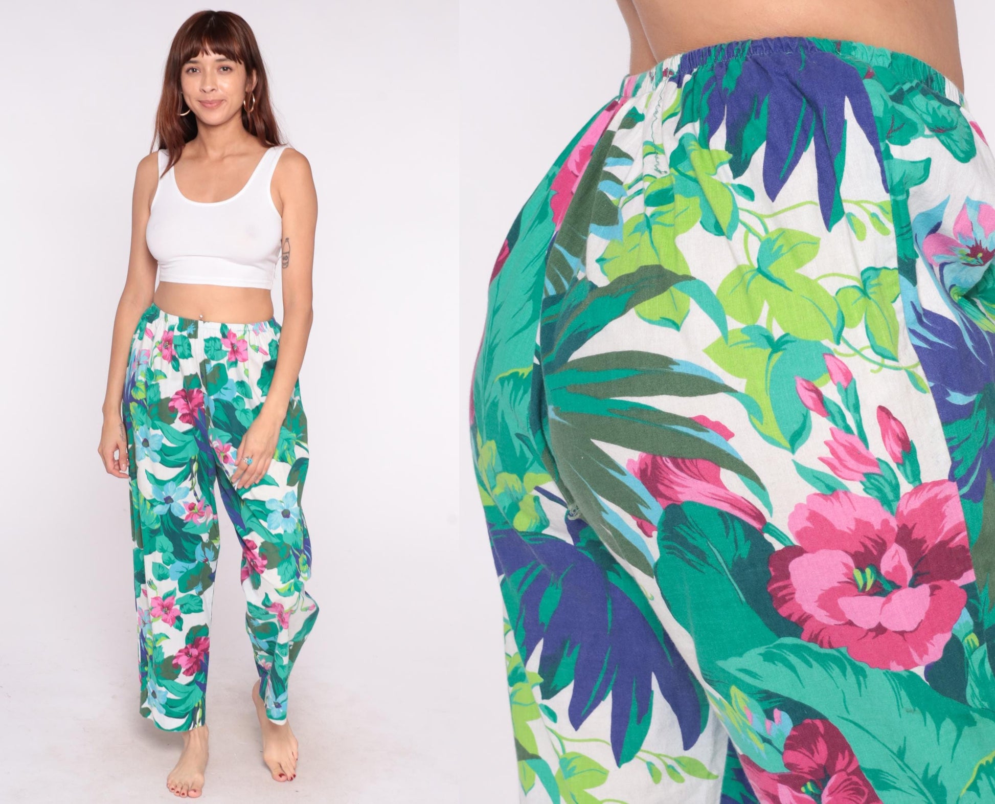 90s Tropical Floral Straight Leg Pants White Pink Green Elastic Waist Large L