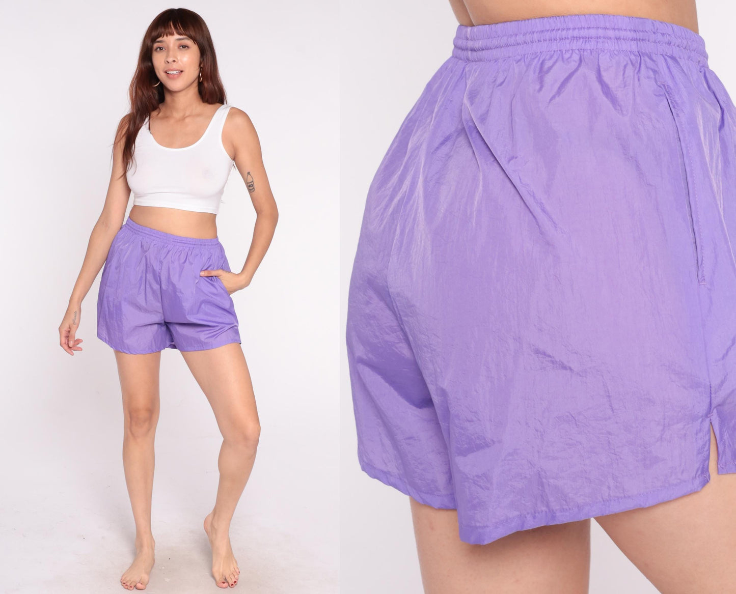 80s Purple Athletic Shorts High Waist Elastic Nylon Running Medium M