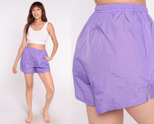 80s Purple Athletic Shorts High Waist Elastic Nylon Running Medium M