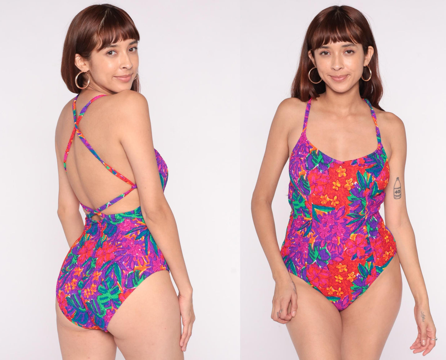 90s Elisabeth Stewart Tropical Floral One-Piece Swimsuit Halter High-Cut Extra Large