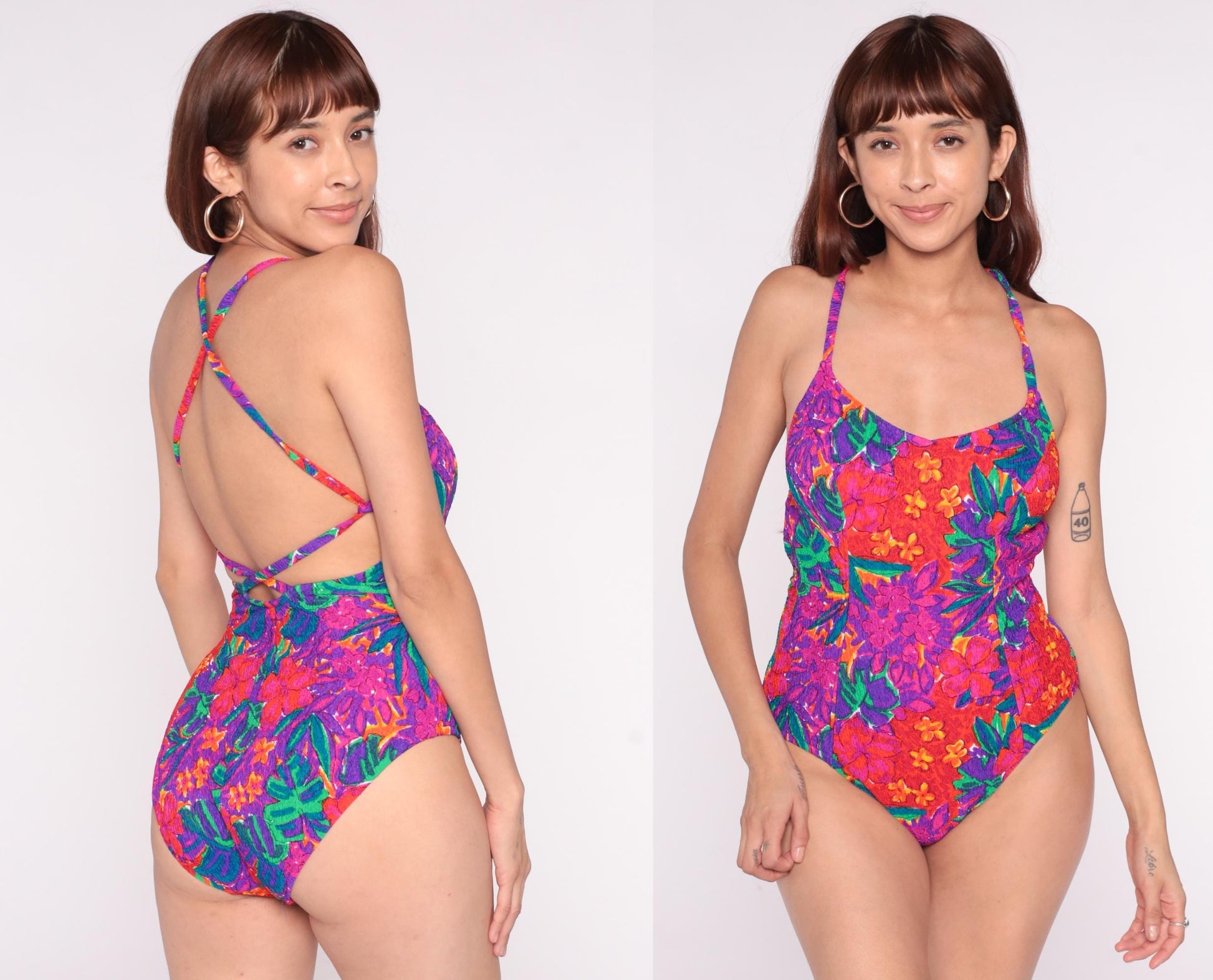 90s Elisabeth Stewart Tropical Floral One-Piece Swimsuit Halter High-Cut Extra Large