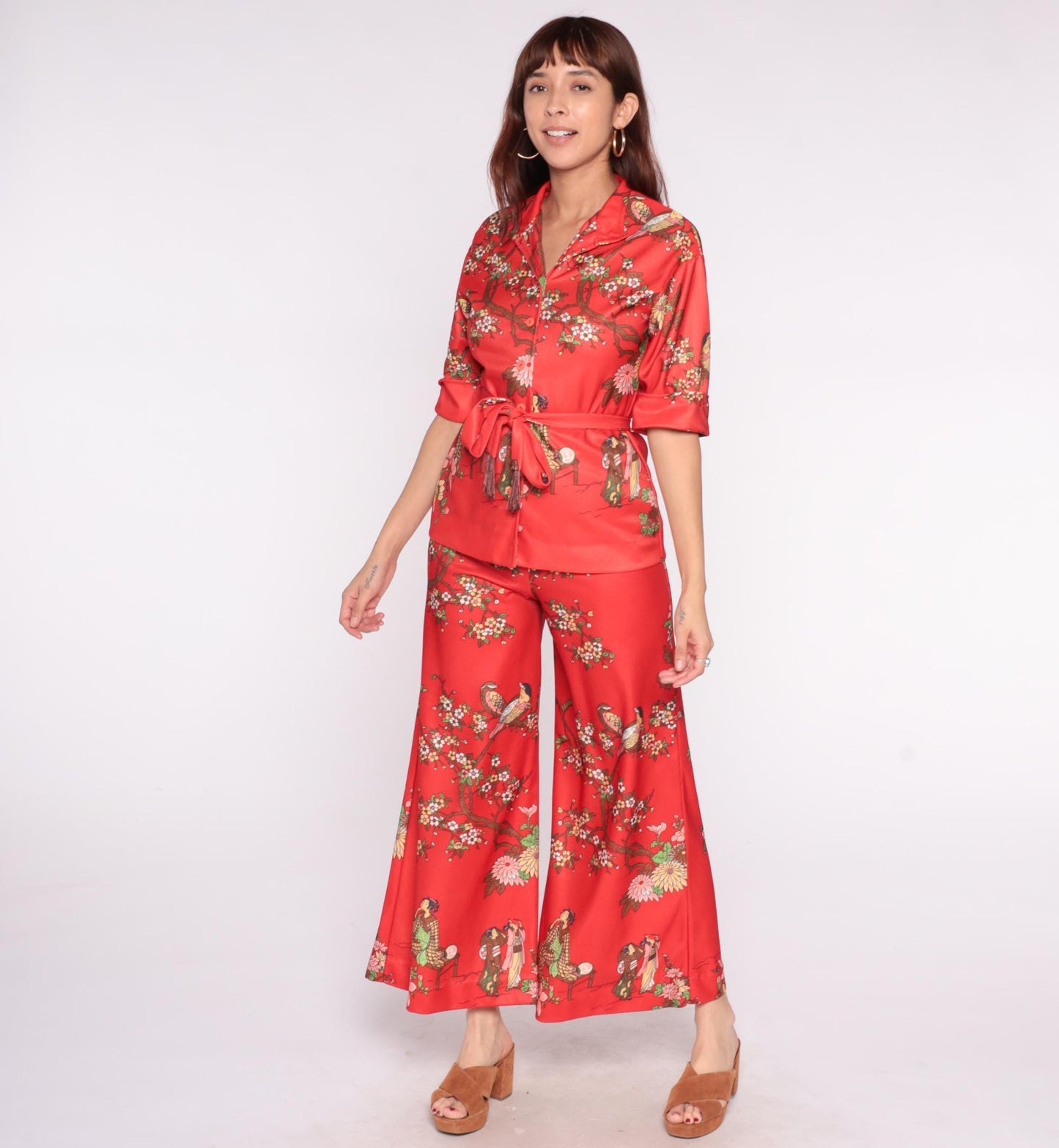 70s Leslie Fay Pheasant Cherry Blossom Two Piece Set Red Small