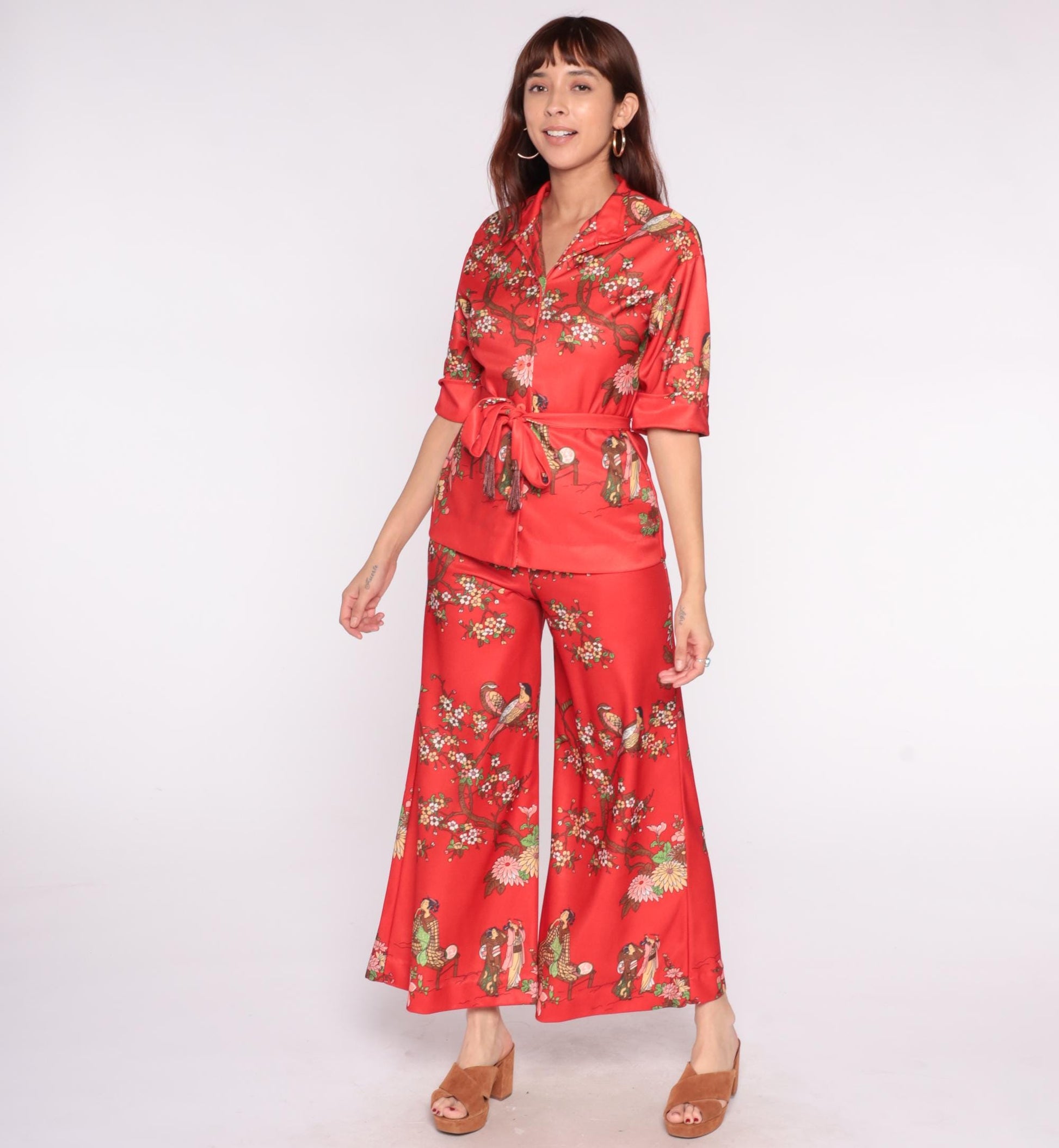 70s Leslie Fay Pheasant Cherry Blossom Two Piece Set Red Small