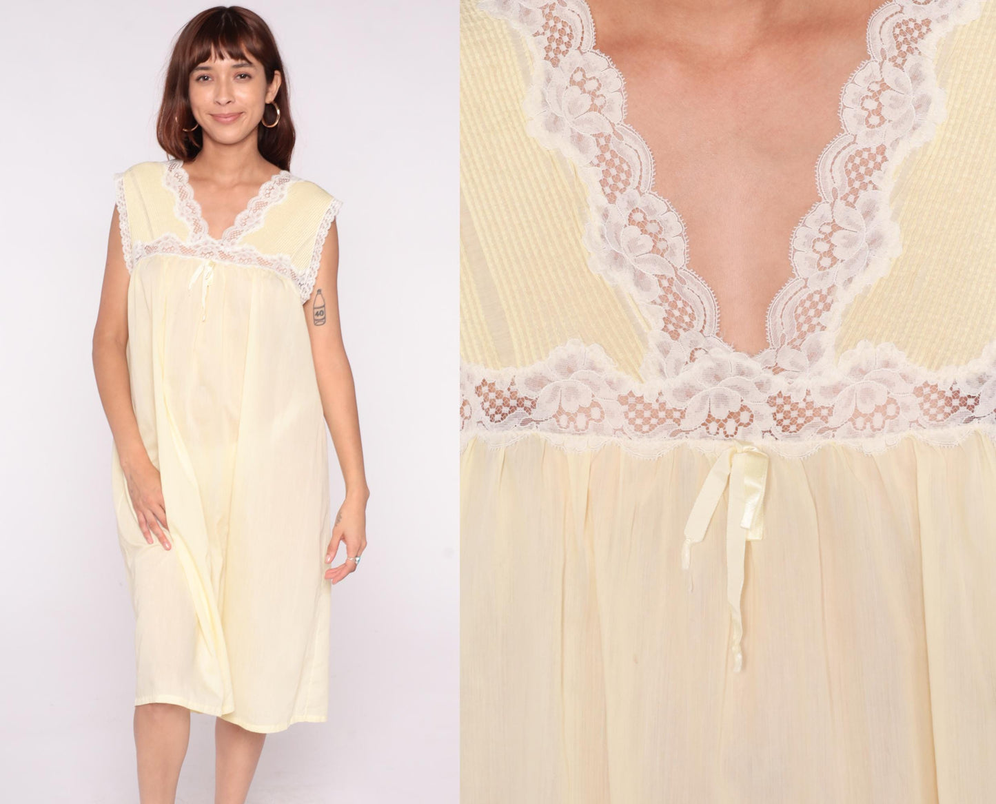 80s Pale Yellow Nightgown Empire Waist Lace V-Neck Babydoll Medium Large