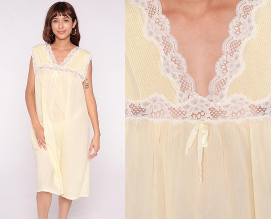 80s Pale Yellow Nightgown Empire Waist Lace V-Neck Babydoll Medium Large