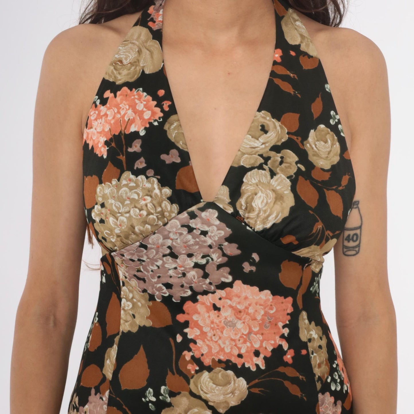 70s Dark Green Floral Halter Maxi Dress Deep V Sleeveless Small
