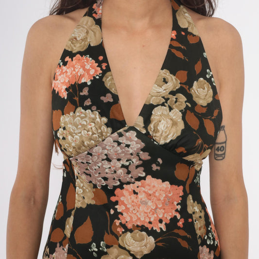 70s Dark Green Floral Halter Maxi Dress Deep V Sleeveless Small