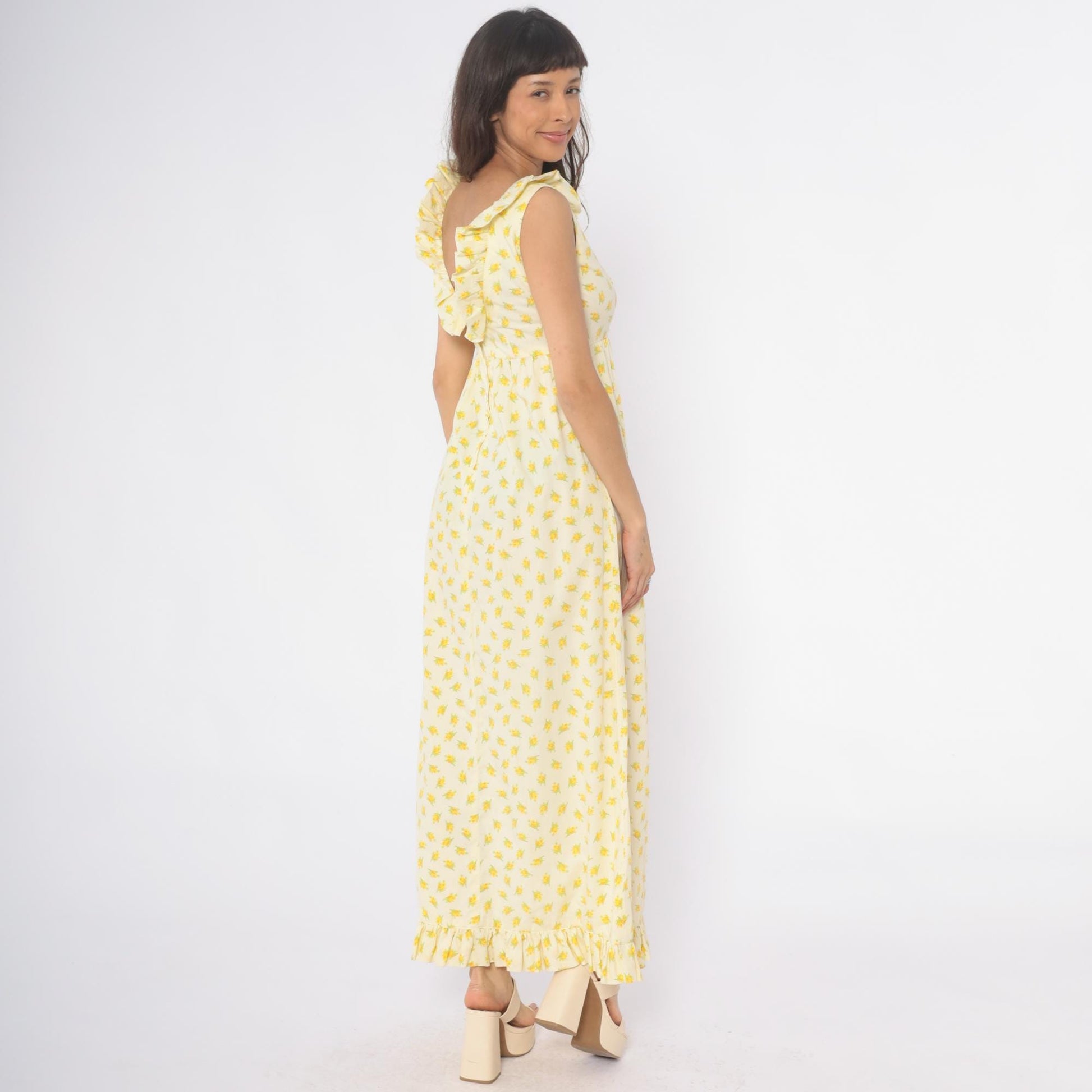 70s Yellow Floral Maxi Dress Sleeveless Ruffle Collar Empire Waist Small