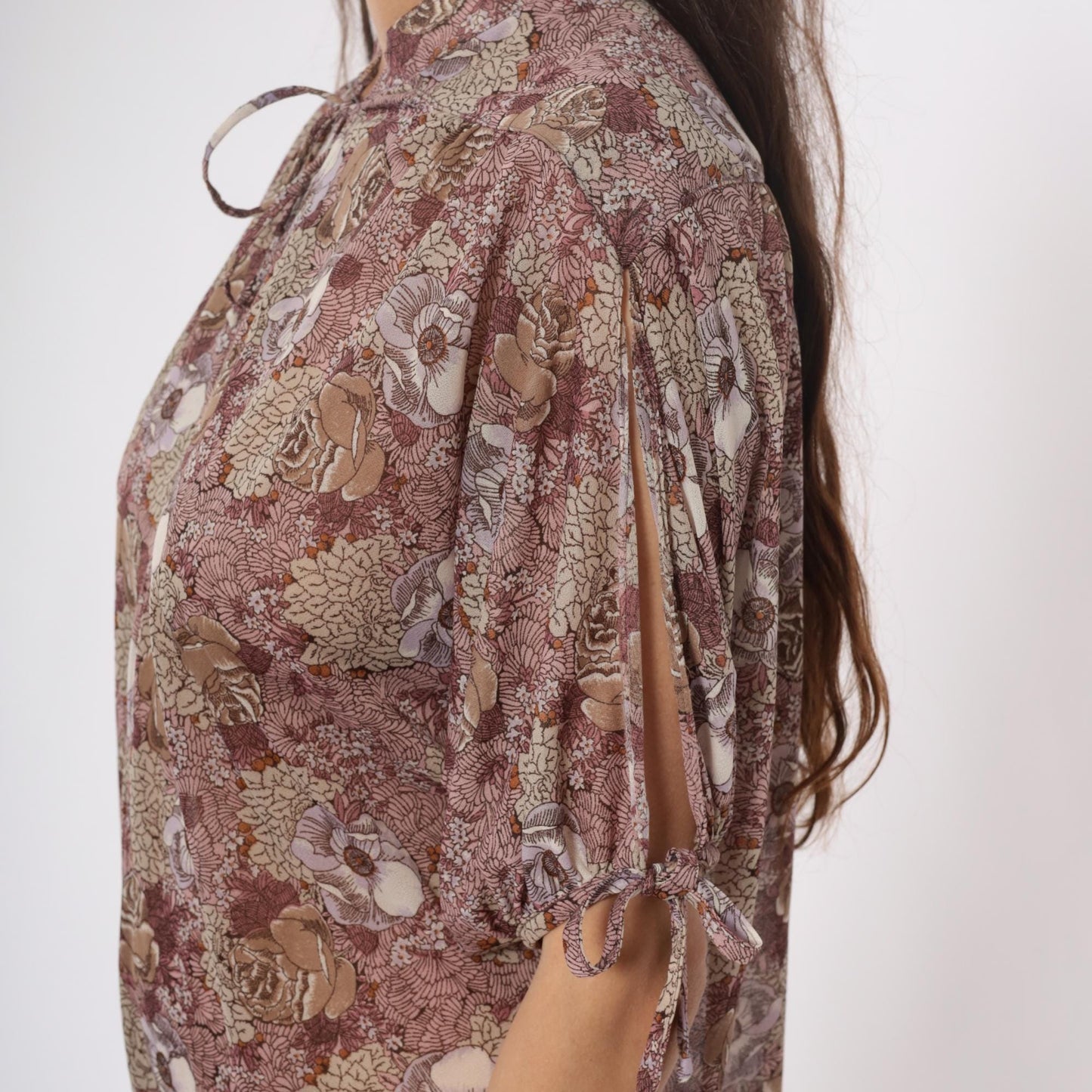 70s Trolley Car Floral Shift Dress Dusty Rose Tie Neck Knee Length Large L