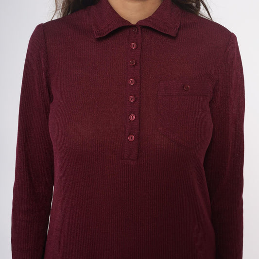 70s Burgundy Ribbed Knit Polo Dress Knee Length Collared Long Sleeve Medium