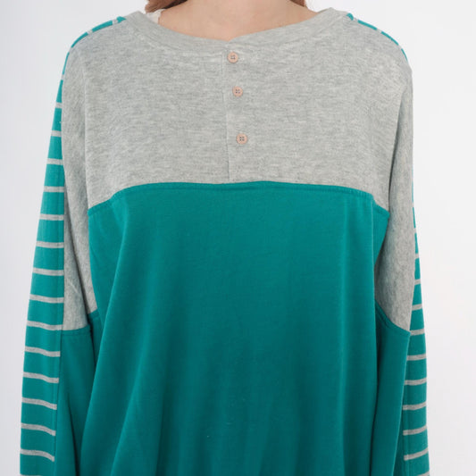 90s Teal Colorblock Sweatshirt Grey Striped Sleeve Crewneck Medium M