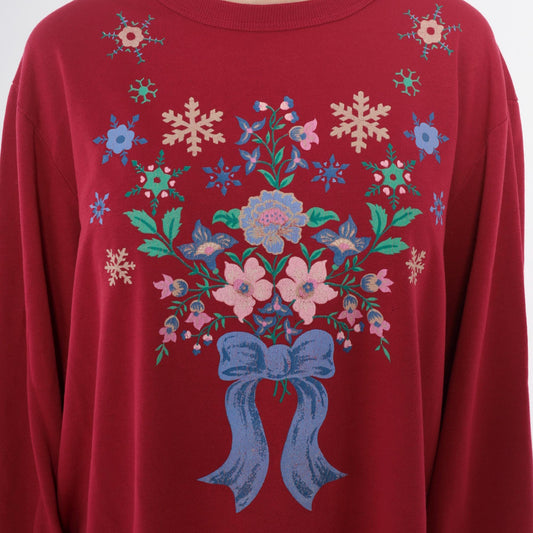 90s Hot Pink Floral Snowflake Embroidered Sweatshirt Crewneck Extra Large XXL