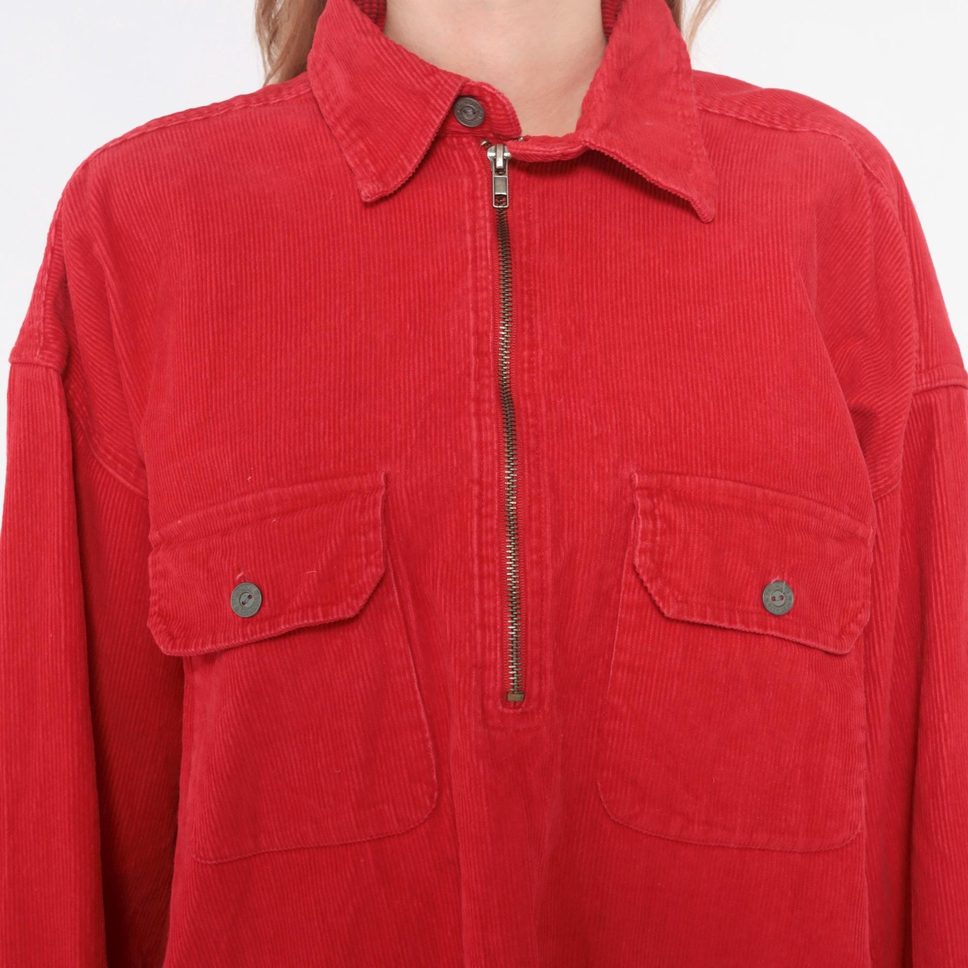 90s Marlboro Corduroy Half-Zip Shirt Red Cotton Collared Medium