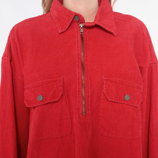 90s Marlboro Corduroy Half-Zip Shirt Red Cotton Collared Medium
