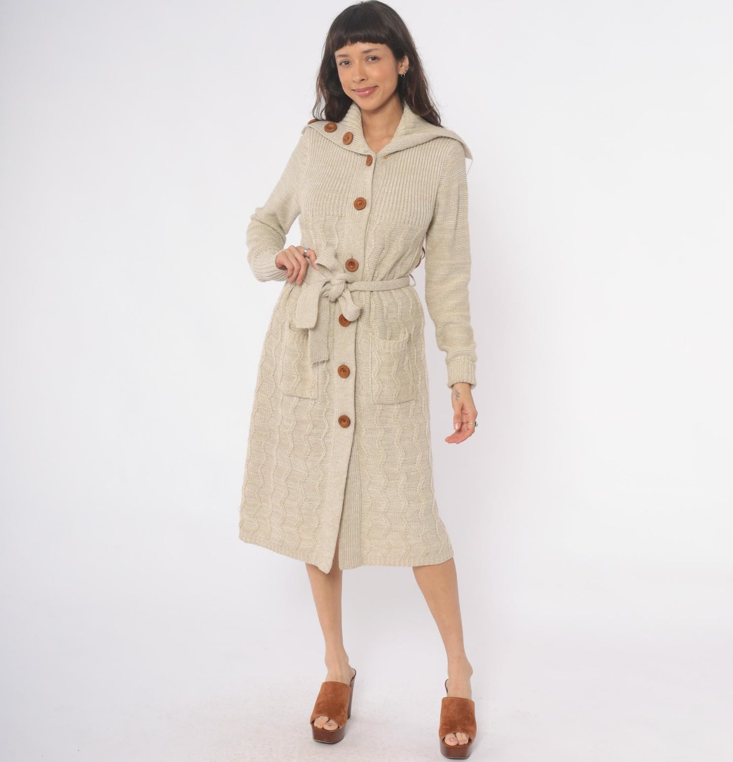 70s Dawn International Cable Knit Cardigan Cream Shawl Collar Duster Small