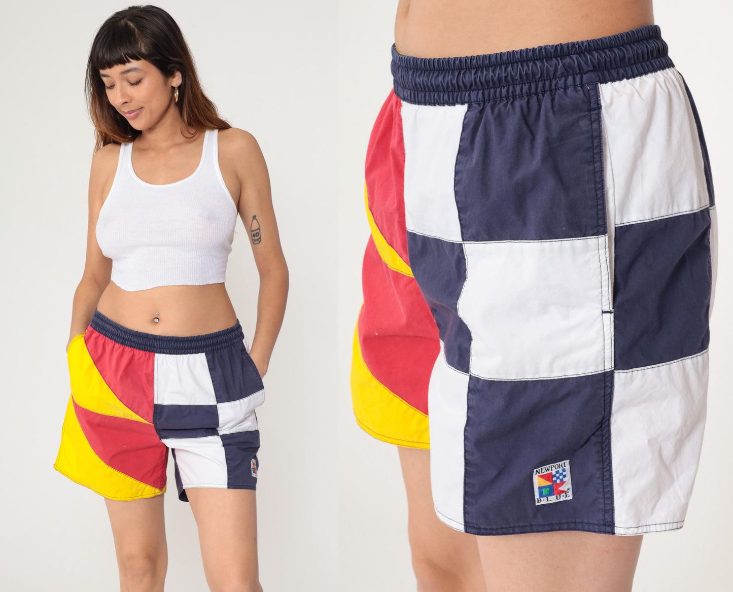 90s Newport Blue Colorblock Swim Shorts Navy White Red Yellow Medium Large