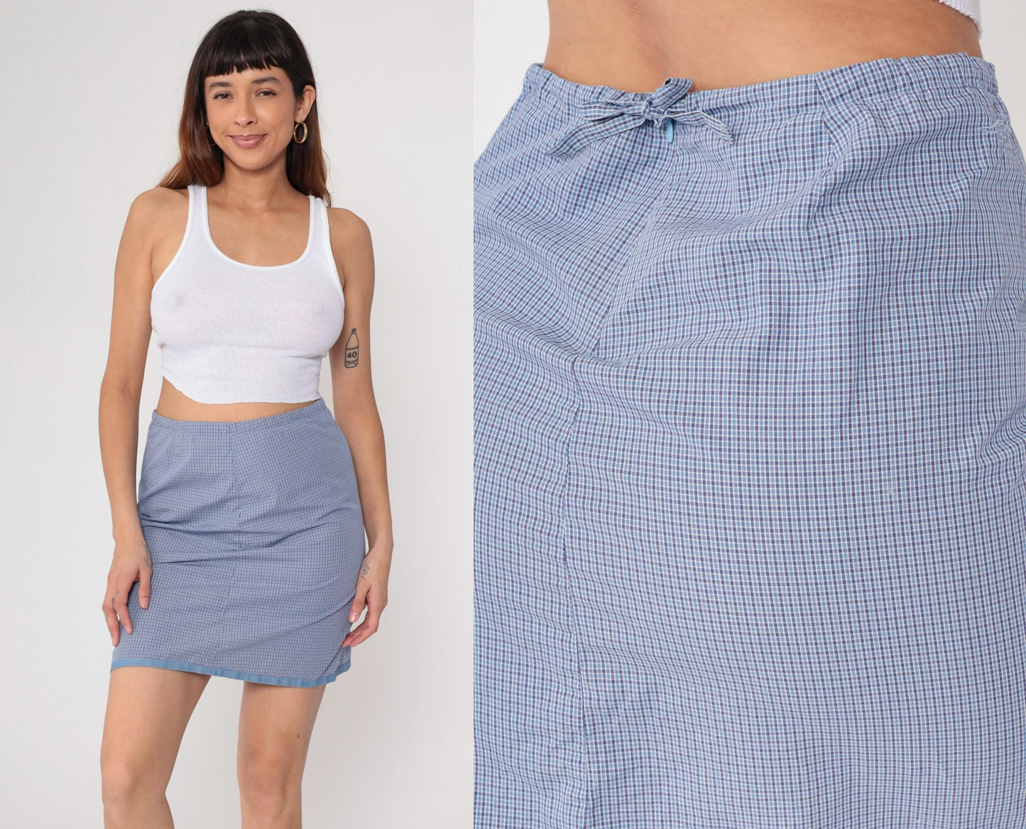 90s Horny Toad Gingham Mini Skirt Blue White Cotton Elastic Medium M
