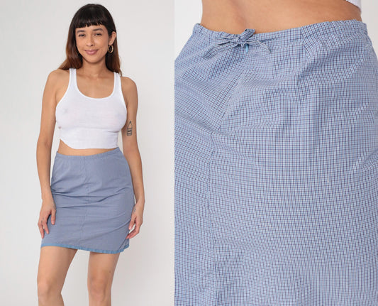 90s Horny Toad Gingham Mini Skirt Blue White Cotton Elastic Medium M