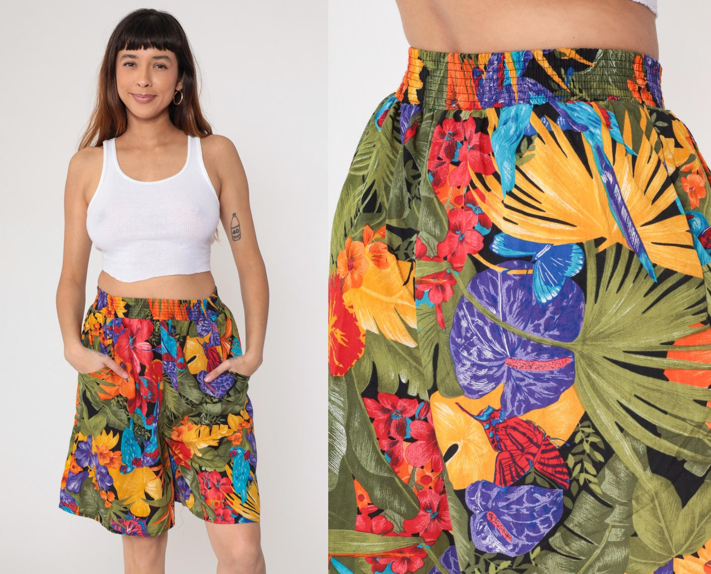 90s Connections Tropical Floral Shorts High Waist Botanical Print Medium M