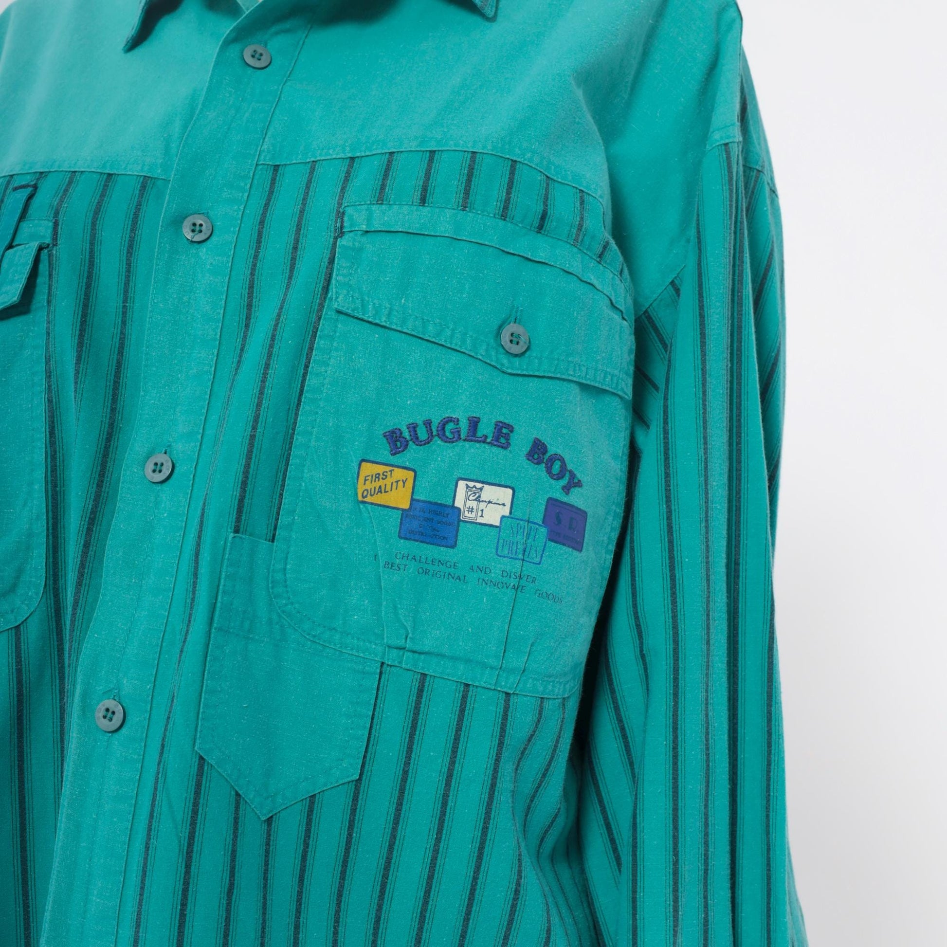 90s Bugle Boy Turquoise Striped Cotton Button-Up Shirt Large L