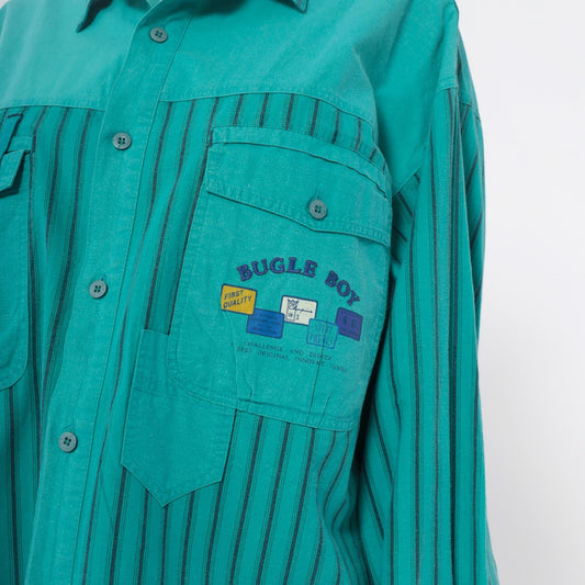 90s Bugle Boy Turquoise Striped Cotton Button-Up Shirt Large L