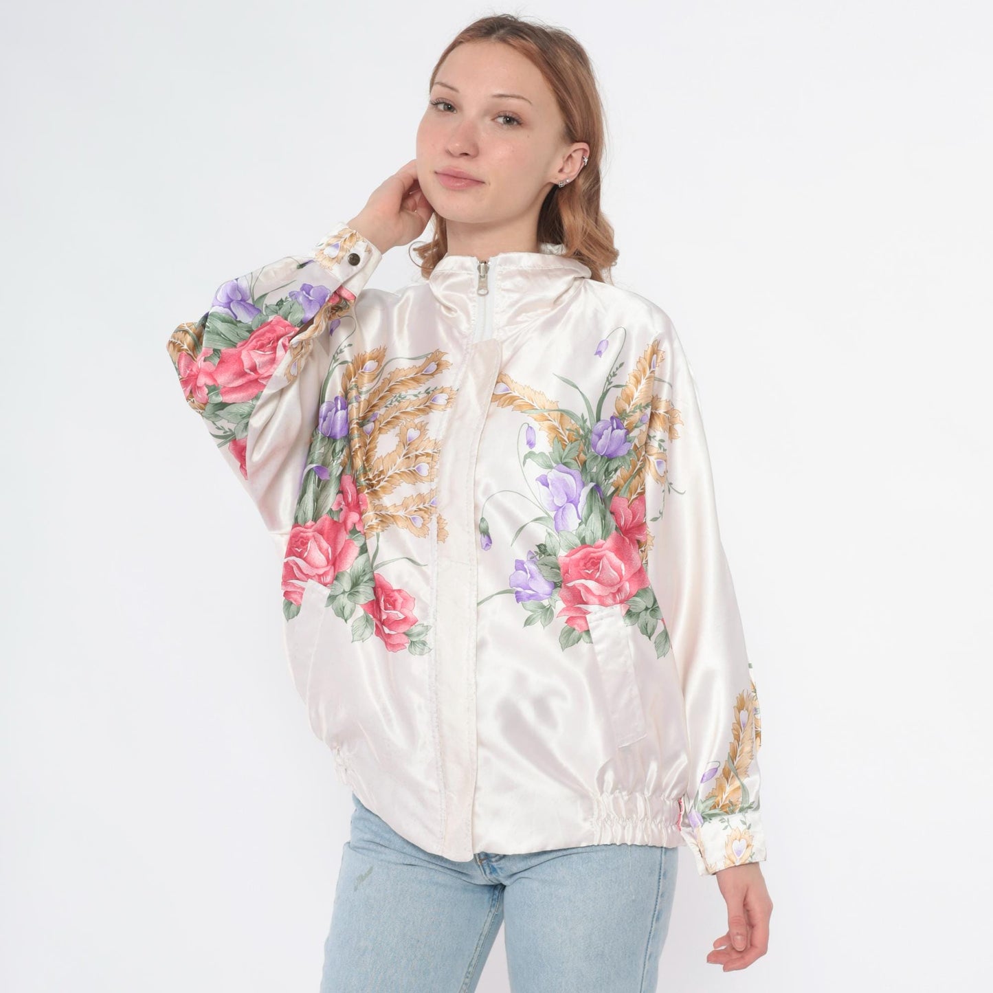 90s Floral Windbreaker Jacket White Zip Botanical Print Medium M