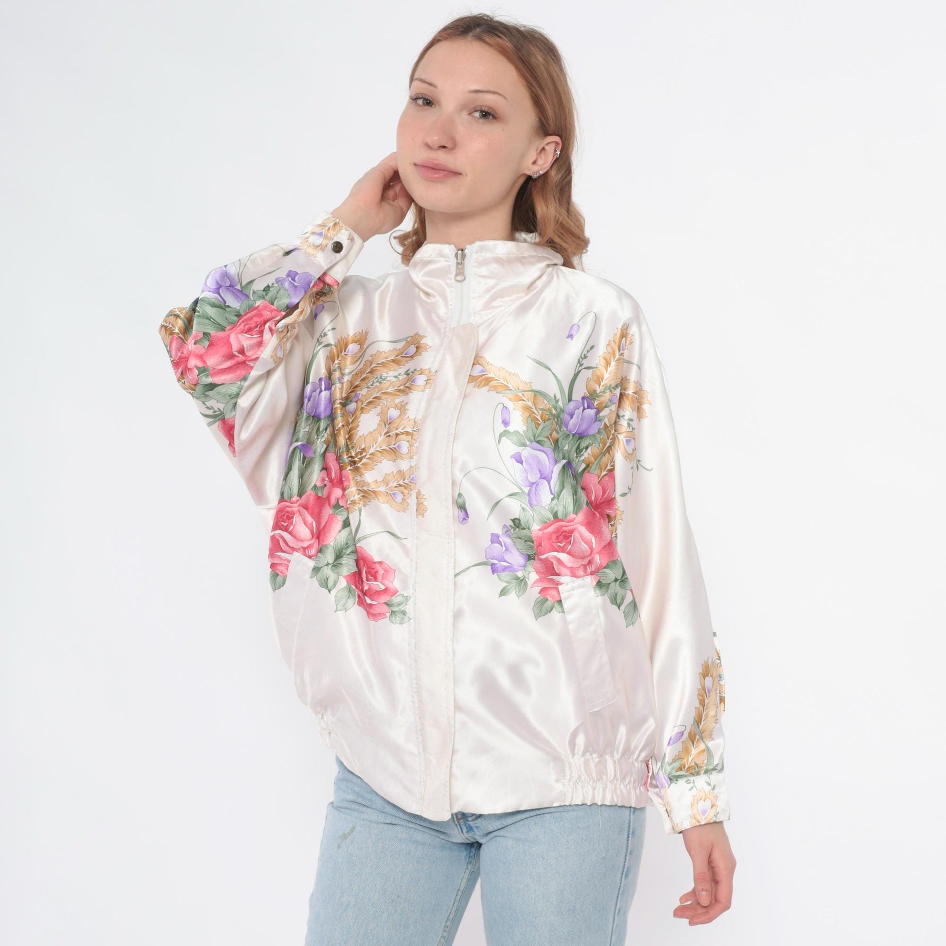 90s Floral Windbreaker Jacket White Zip Botanical Print Medium M