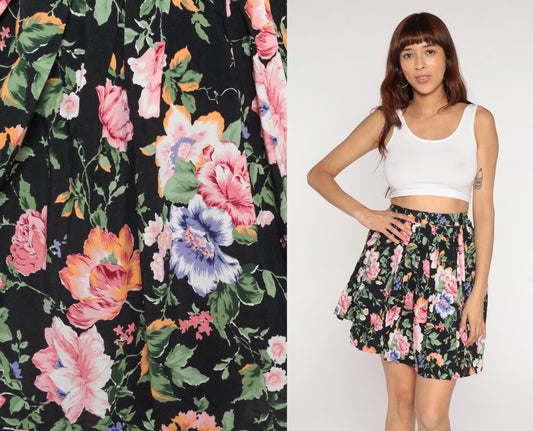 90s Rampage Floral Mini Skirt Black Pink Purple Orange Green Small S