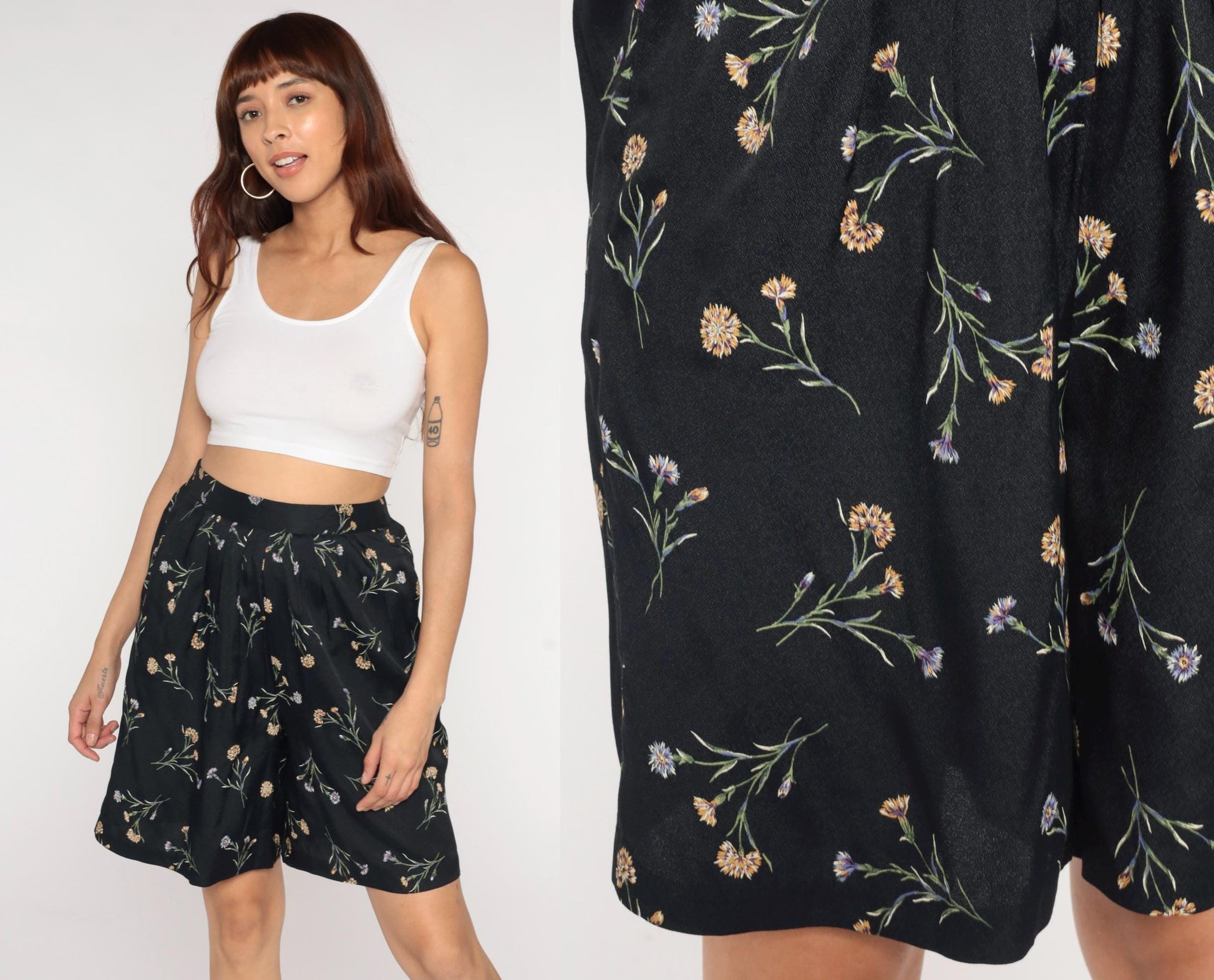 90s Anise Petite Black Floral Wide Leg Shorts High Rise Medium