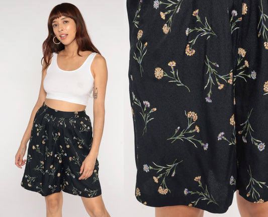 90s Anise Petite Black Floral Wide Leg Shorts High Rise Medium