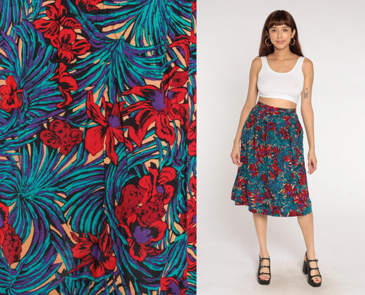 90s Tropical Palm Floral Maxi Skirt Turquoise Purple Elastic Waist Medium