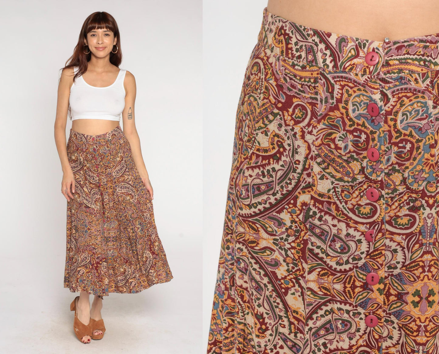 90s Express Paisley Midi Skirt Button Front Brown Purple Gold Medium M
