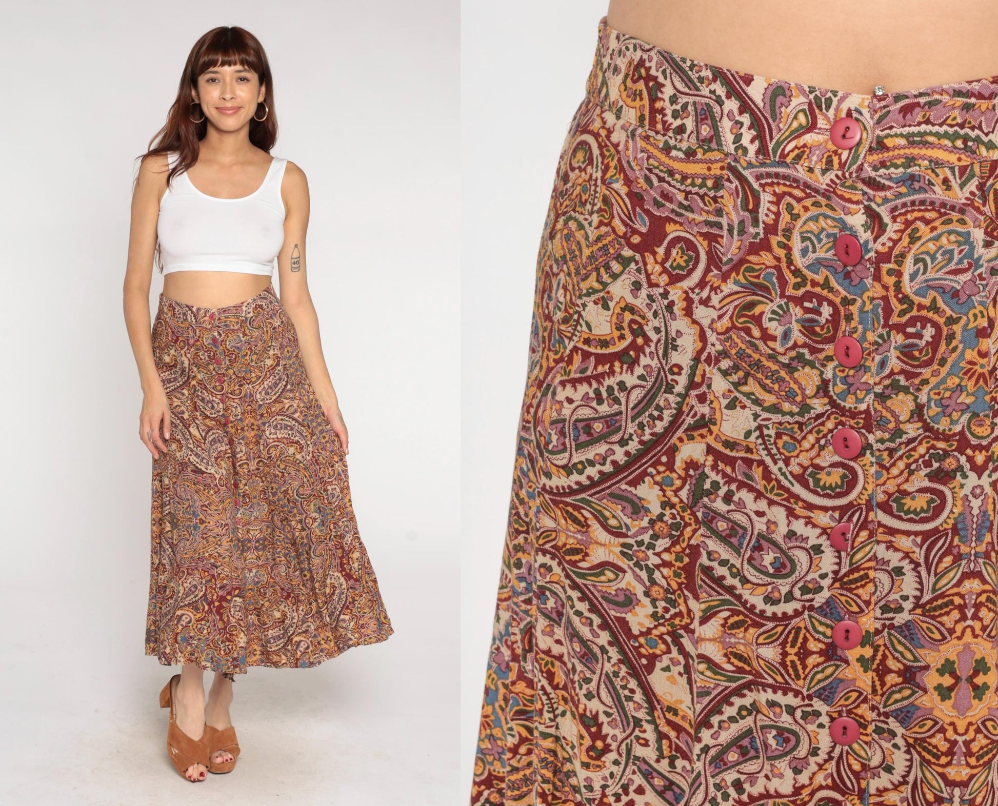 90s Express Paisley Midi Skirt Button Front Brown Purple Gold Medium M