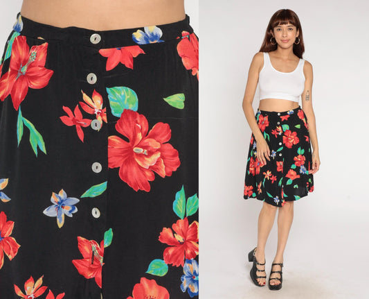90s Worthington Floral Mini Skirt Black Button Front Tropical Print Large