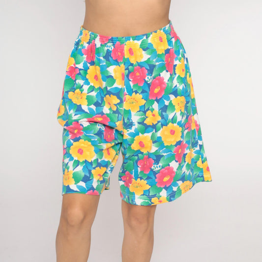 90s Napa Valley Floral Shorts High Rise Elastic Waist Yellow Pink Blue Medium