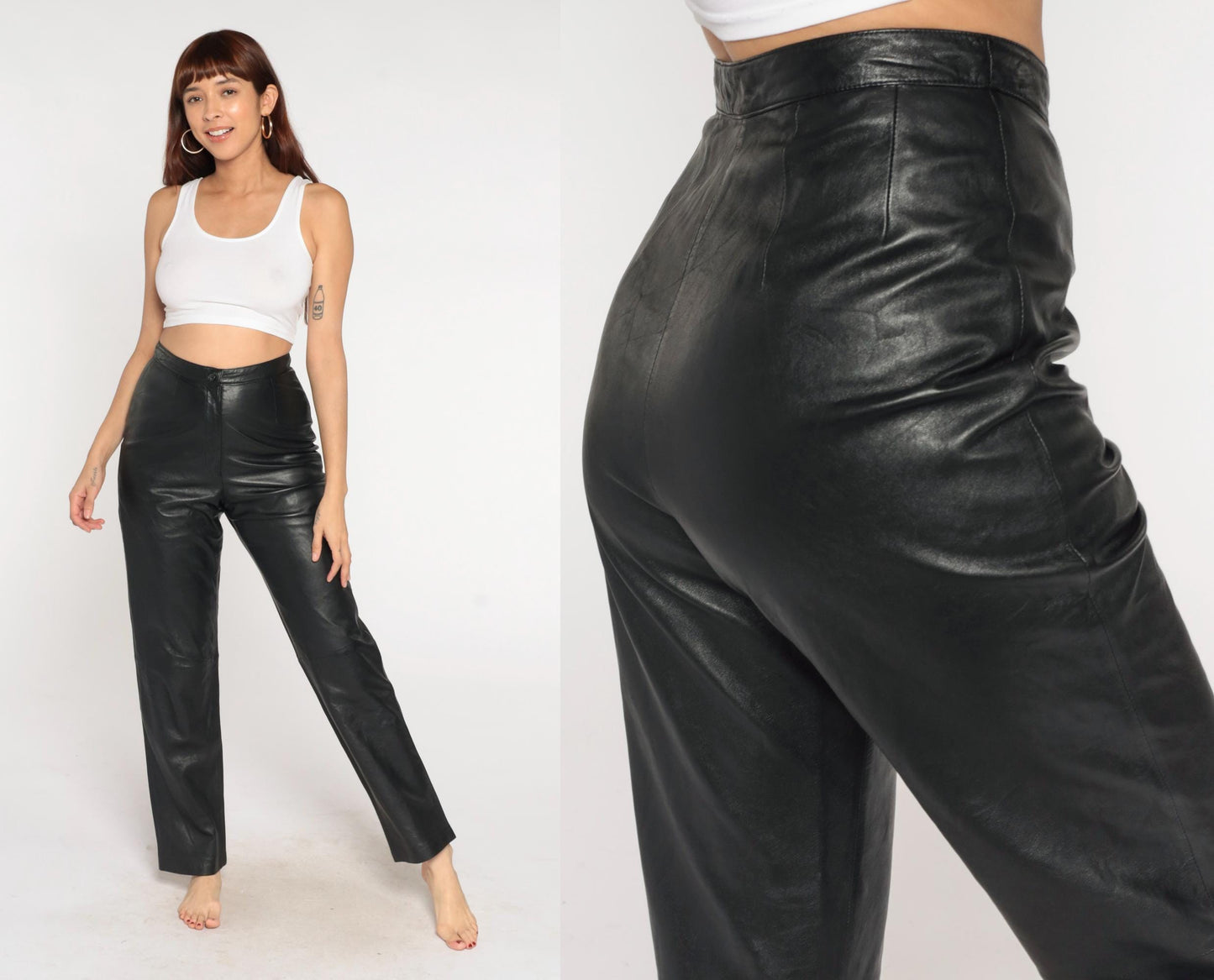 90s Black Leather Pants High Waist Straight Leg Small S
