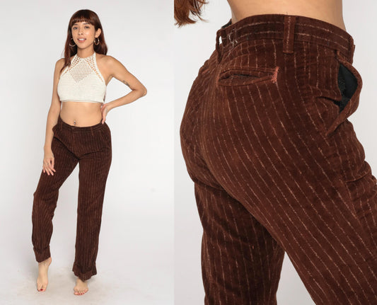 70s Farah Corduroy Pants Brown Pinstripe High Rise Straight Leg Waist 32