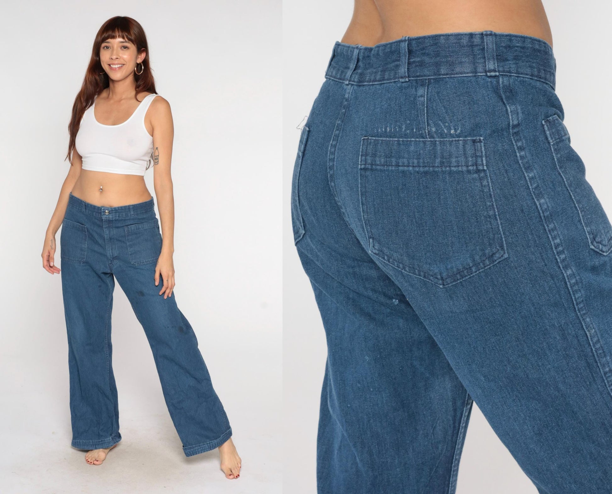 70s Seafarer High Rise Straight Leg Denim Jeans Blue Cotton Large L