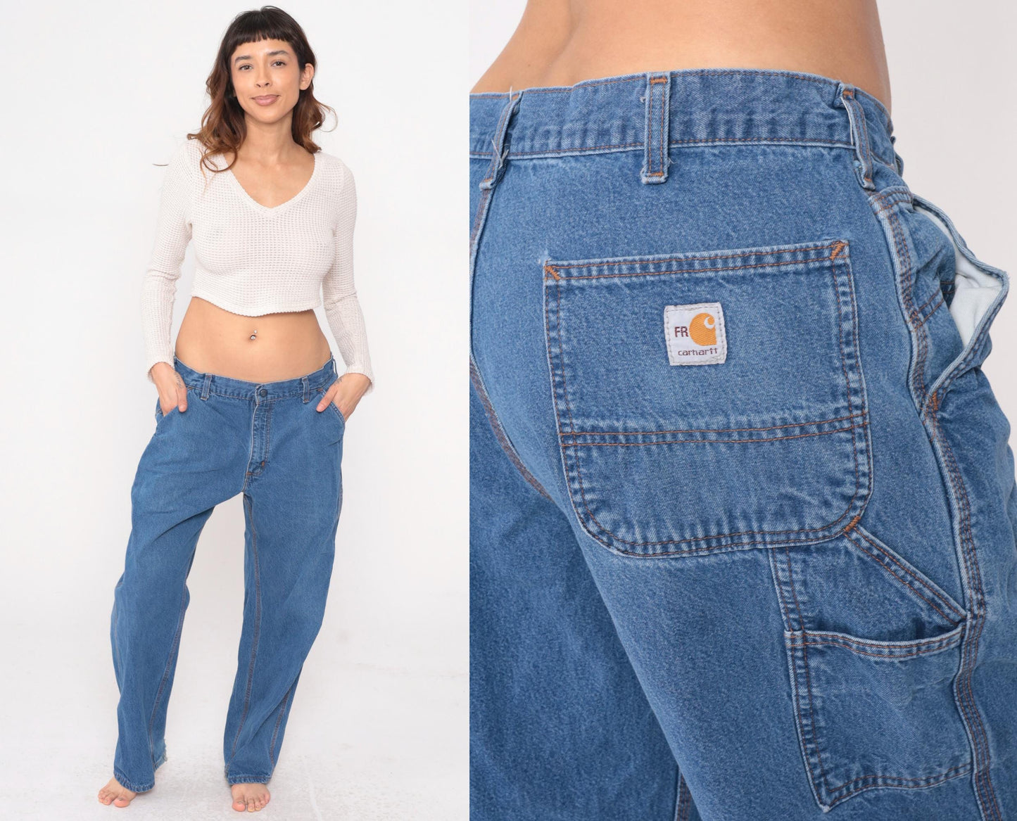 Carhartt Y2K Medium Wash Carpenter Jeans Blue Denim Cargo Straight Leg Extra Large