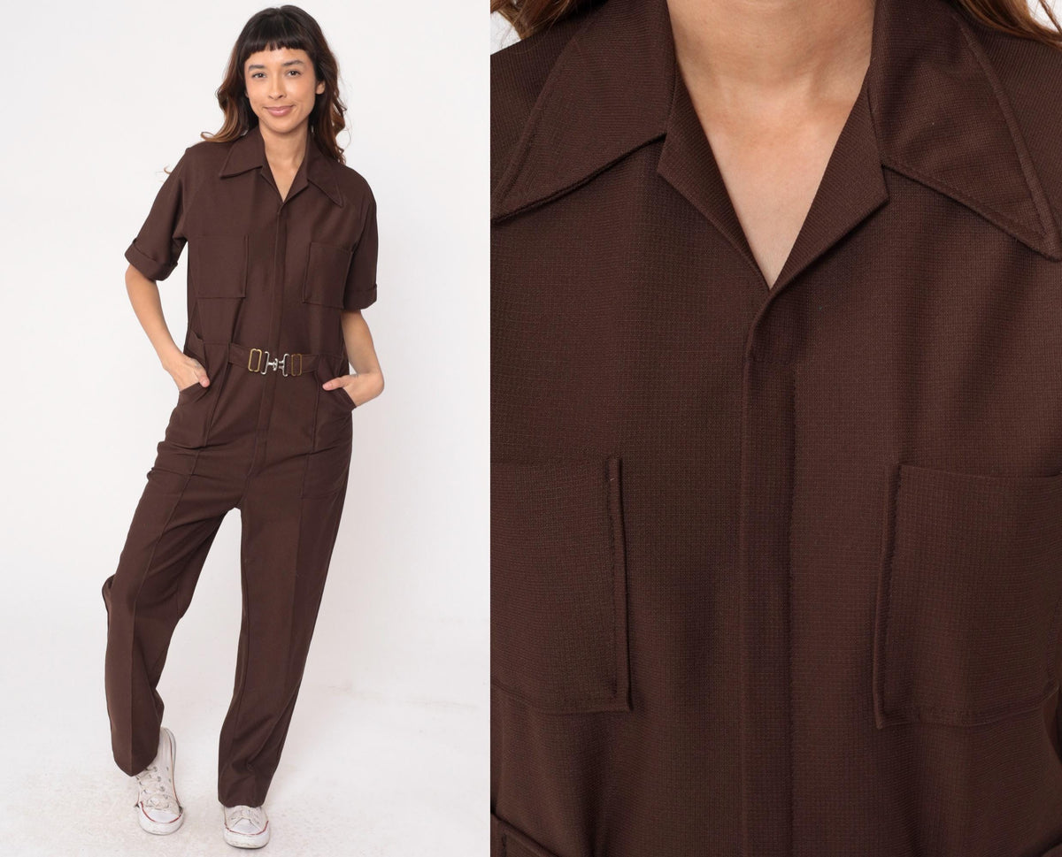 70s Brown Utility Jumpsuit Zip Front Workwear Boiler Suit Medium