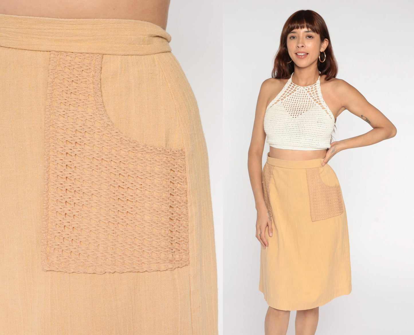 70s Beige A-Line Mini Skirt Crochet Pocket Cotton Linen Medium M